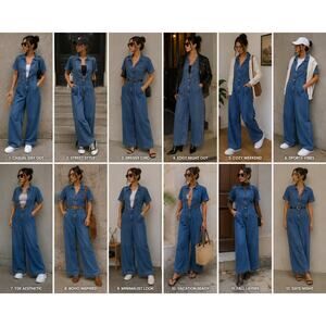 We The Free Denim Jumpsuit Womens Large Blue Wide Leg Utility Romper